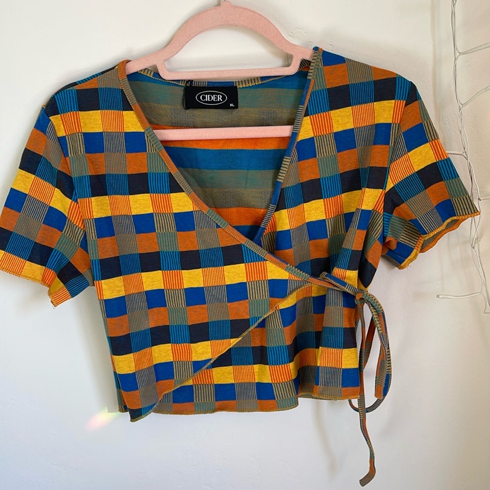 Cider brand wrap, colorful crop top still has tags